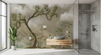 Tranquil Chinoiserie Pine & White Blossom Garden wall mural in warm taupe and sage green.
