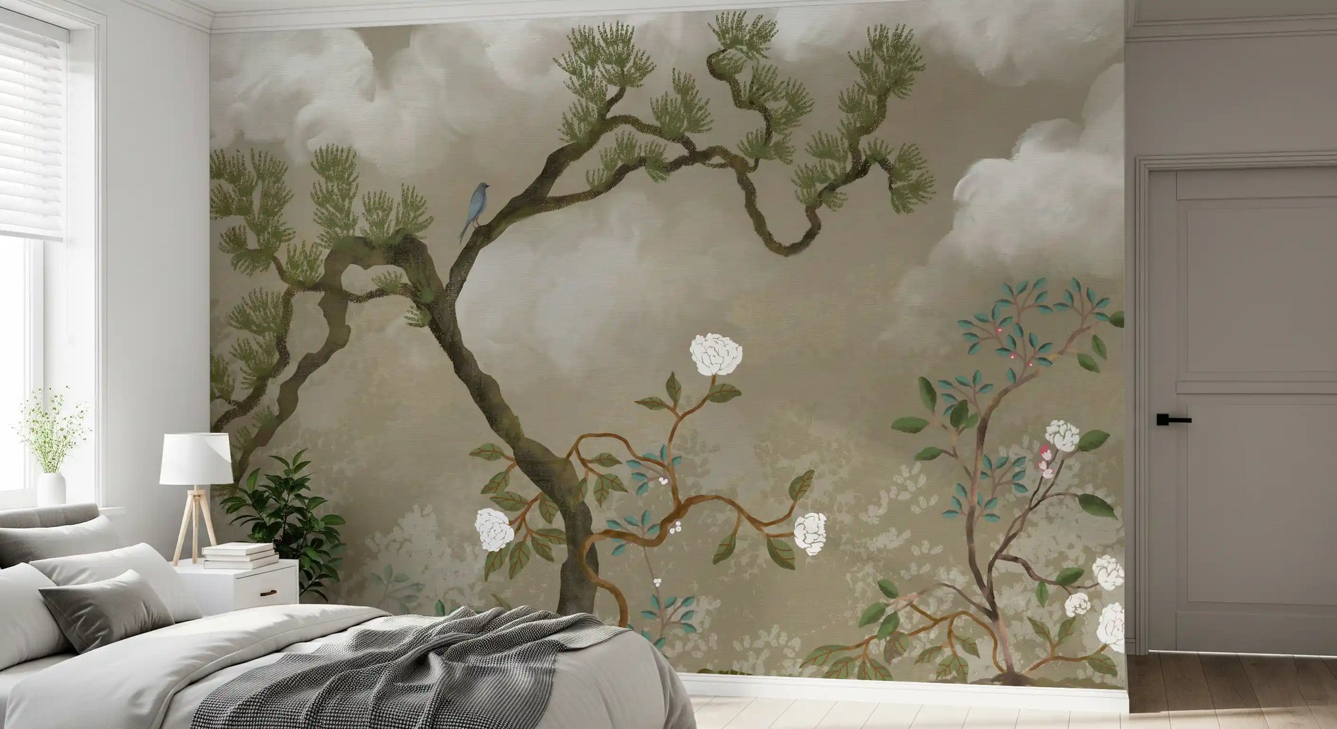 White peonies and teal foliage across the blossom garden wall mural background.