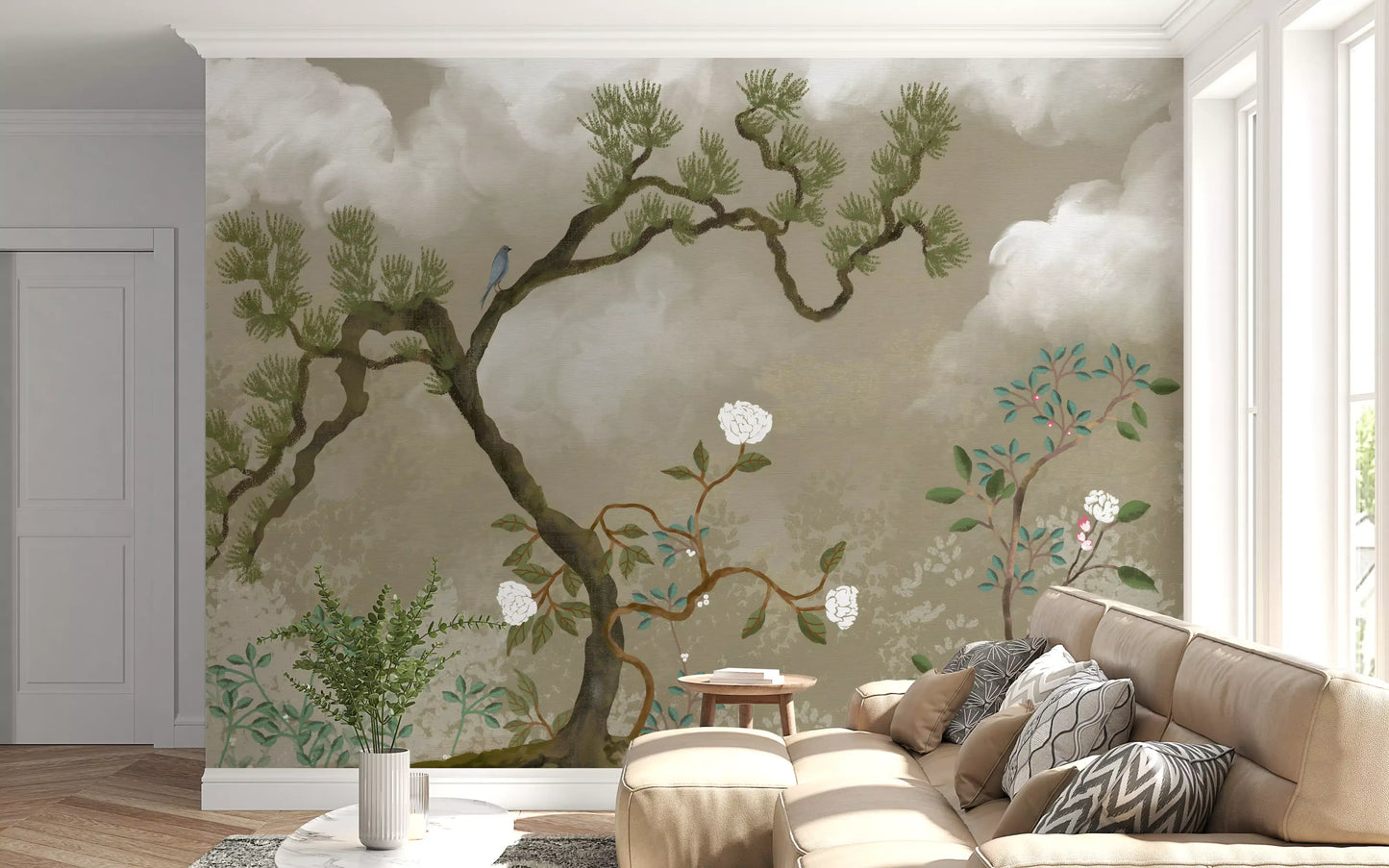 White blossom garden wall mural warming a living room in taupe and sage tones