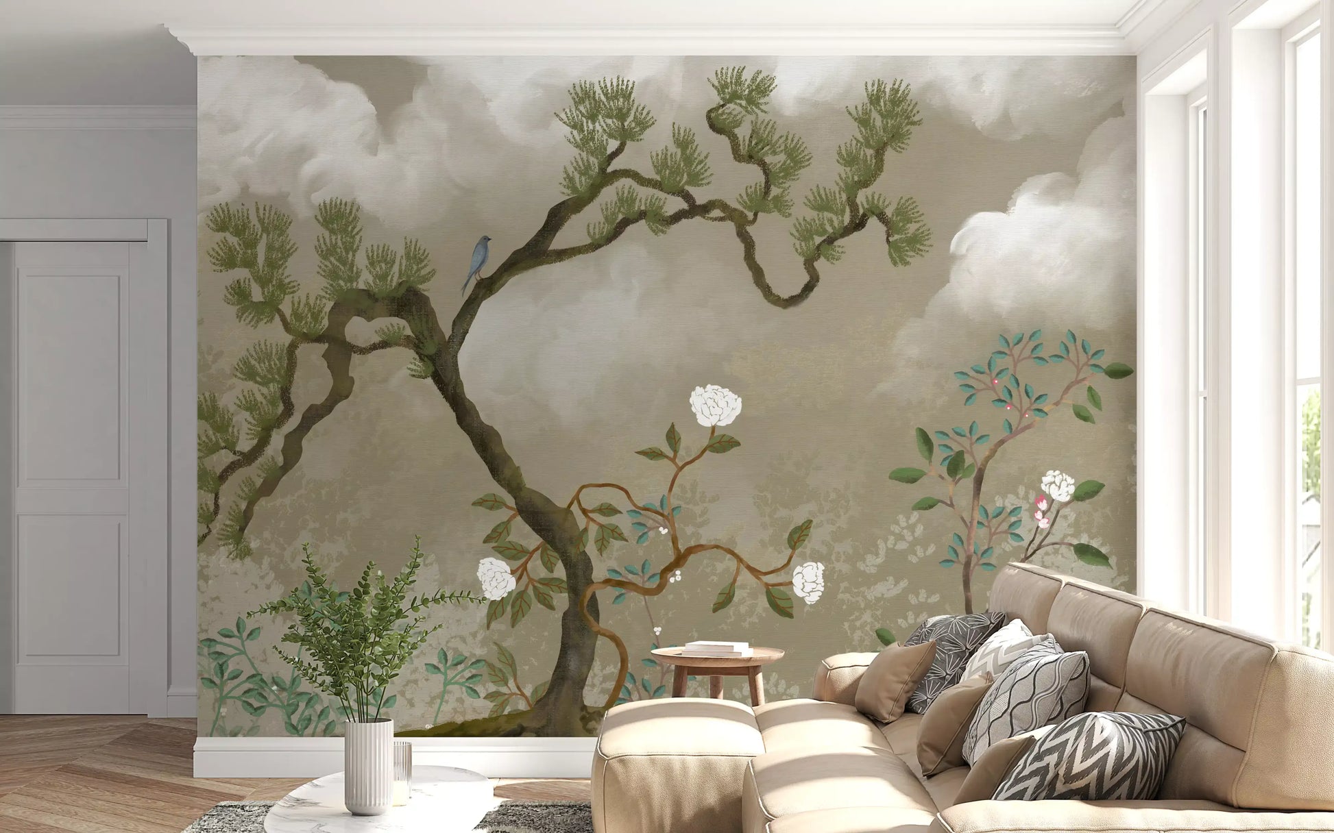 White blossom garden wall mural warming a living room in taupe and sage tones