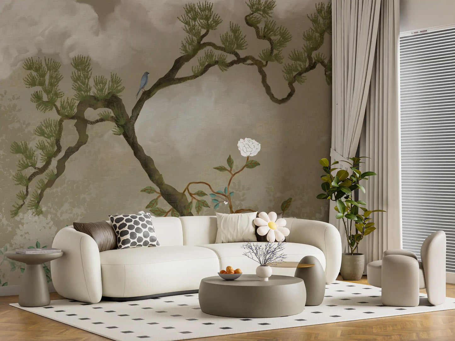 A lounge dressed in the Tranquil Chinoiserie Garden wall mural in muted taupe tones.