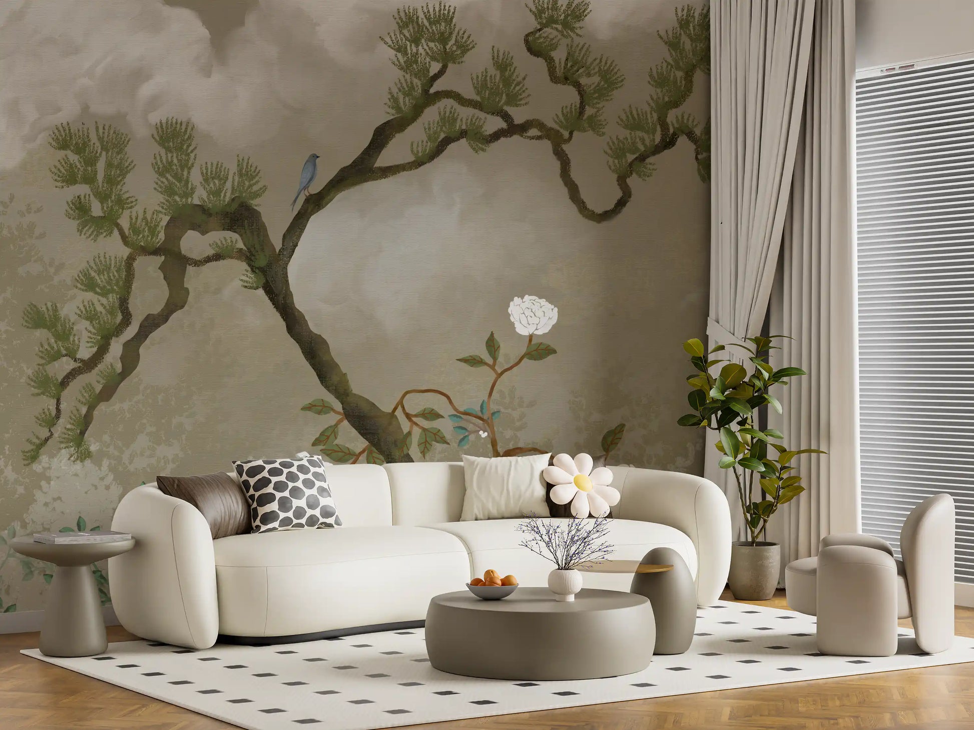 A lounge dressed in the Tranquil Chinoiserie Garden wall mural in muted taupe tones.