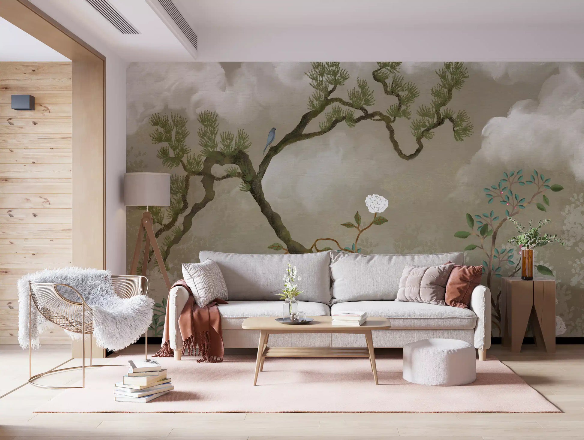 Pine tree and white peony wall mural placed along a living room accent .