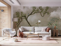 Pine tree and white peony wall mural placed along a living room accent .