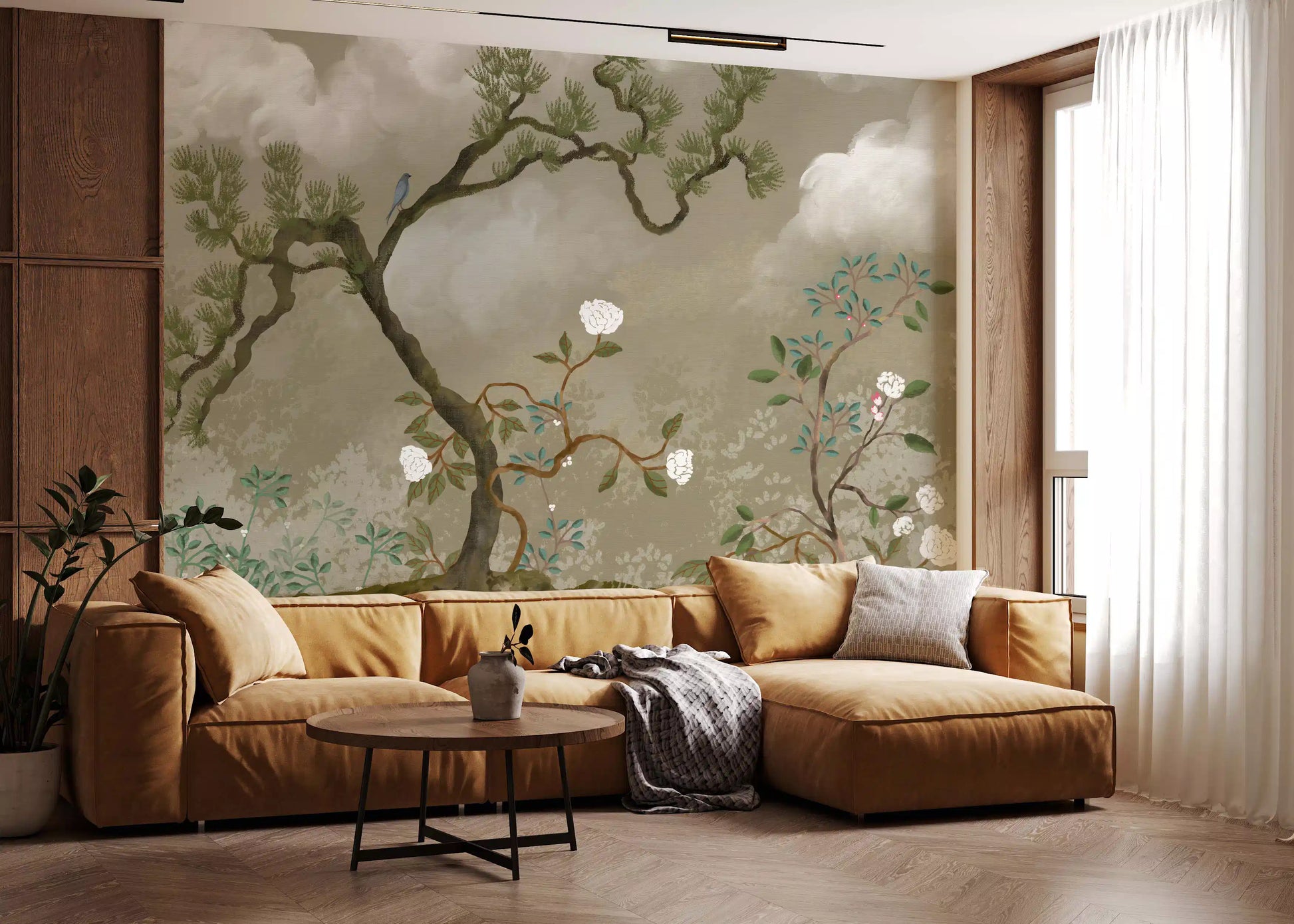 Chinoiserie blossom wall mural in a lounge, featuring pine branches and floating clouds.
