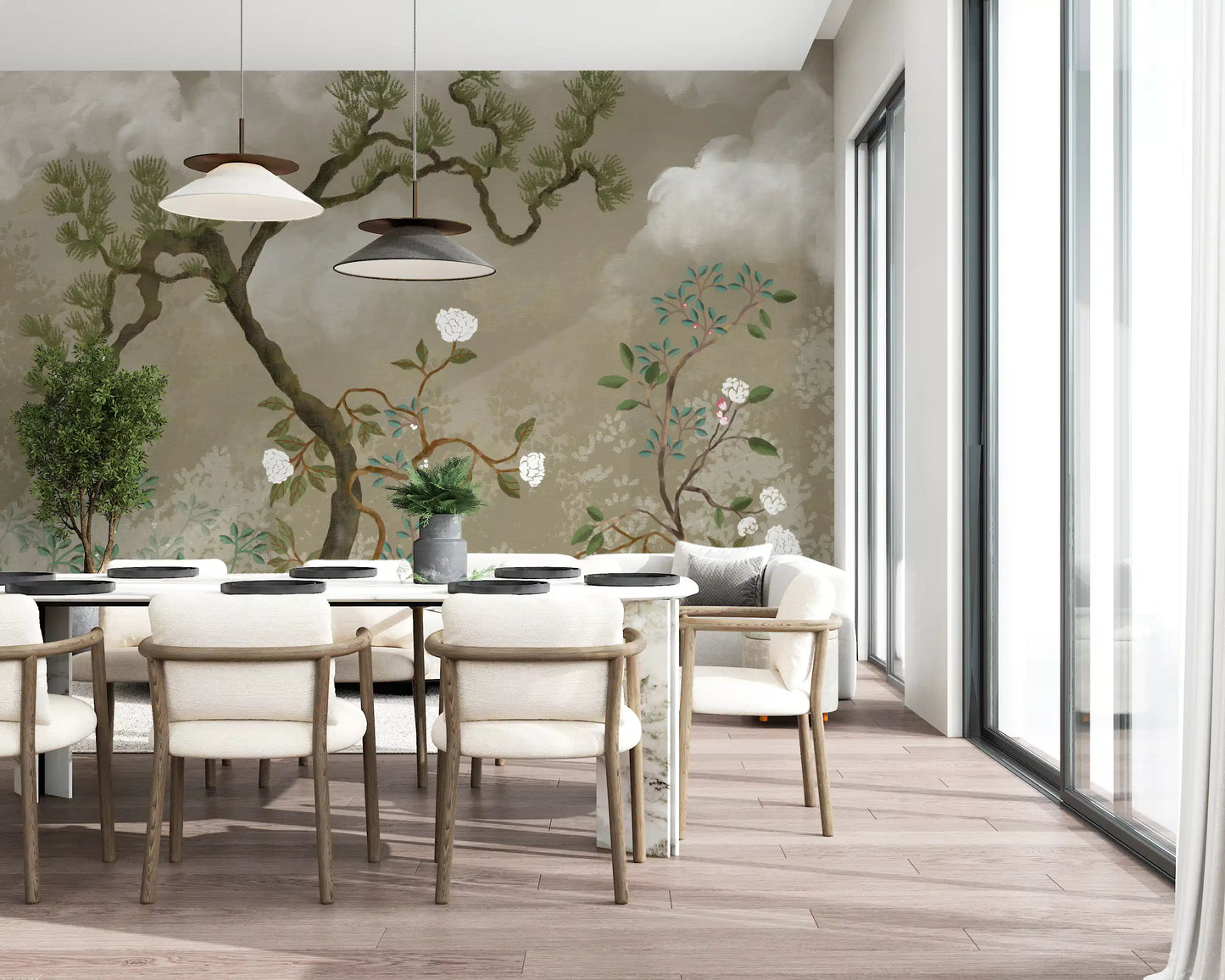 Gnarled pine tree and floating clouds rendered in the Chinoiserie Blossom wall mural.