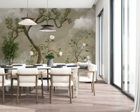 Gnarled pine tree and floating clouds rendered in the Chinoiserie Blossom wall mural.