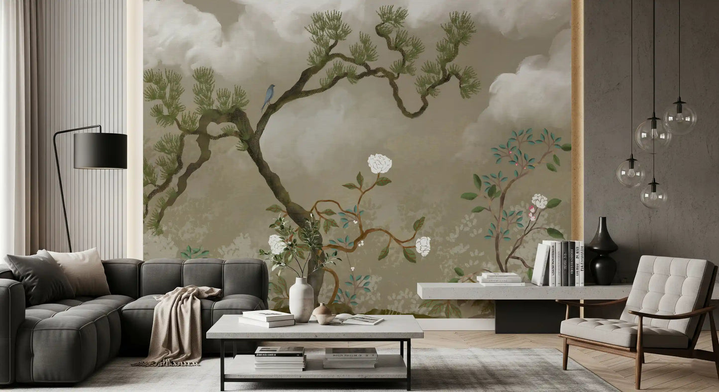 Muted cloud and blossom garden wall mural spanning the full length of a Living room.
