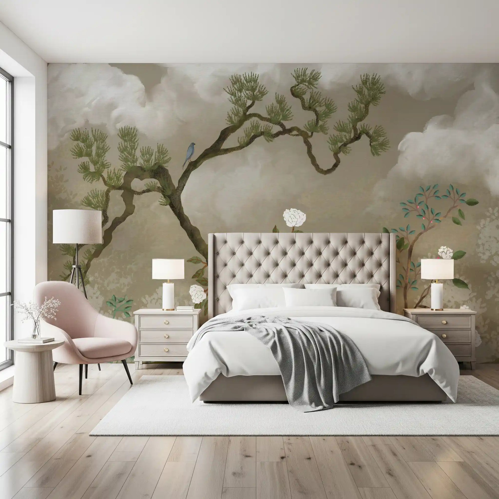 Chinoiserie pine blossom wall mural styled across a bedroom in taupe and green, GD9718