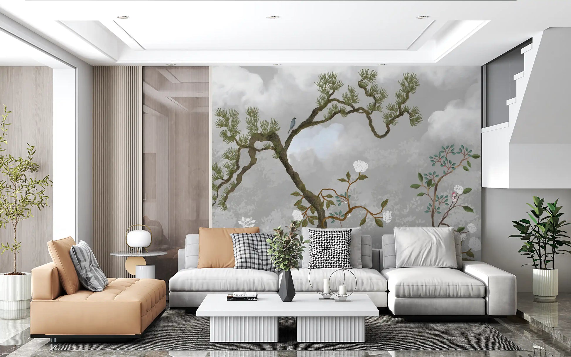 Gnarled pine tree and white peony wall mural on a misty gray background, GD9719