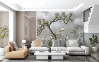 Gnarled pine tree and white peony wall mural on a misty gray background, GD9719