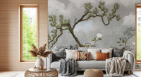 living area with chinoiserie pine and bluebird wall mural in misty gray tones, GD9719