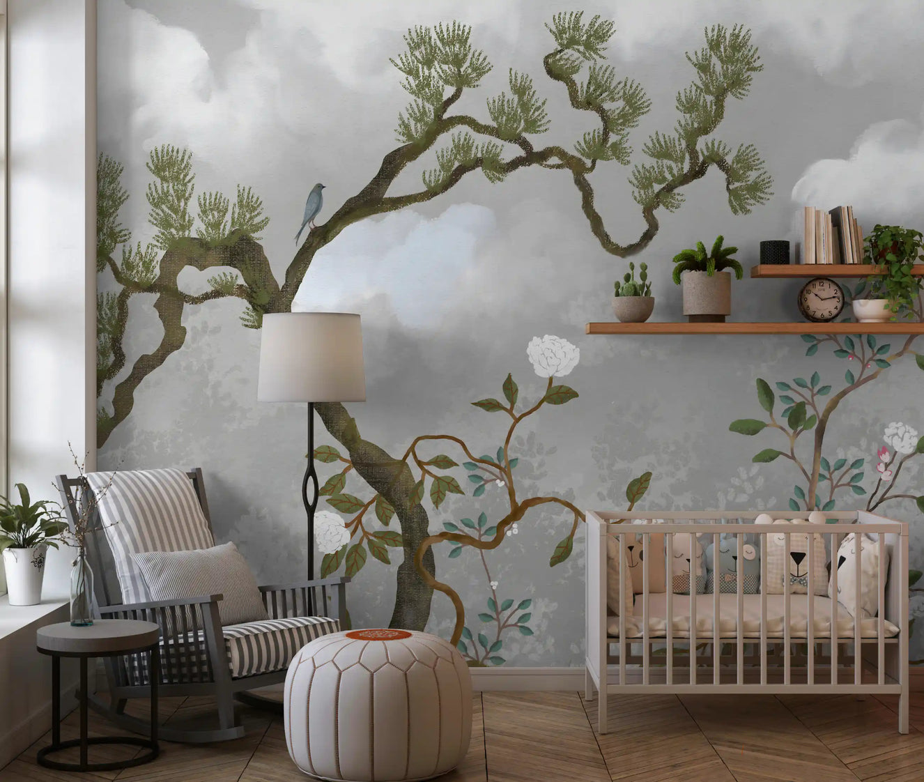 Nursery with Misty Garden Bloom chinoiserie wall mural in muted green and gray tones