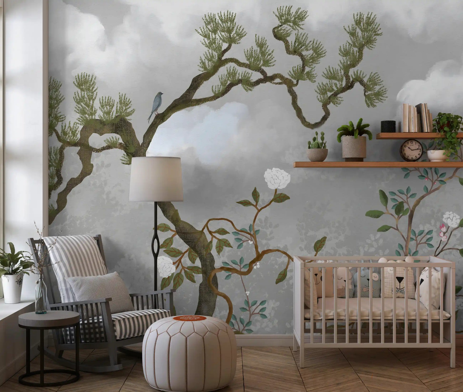 Nursery with Misty Garden Bloom chinoiserie wall mural in muted green and gray tones, GD9719