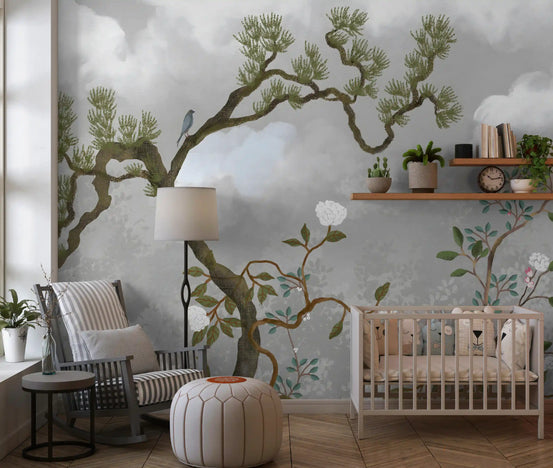 Nursery with Misty Garden Bloom chinoiserie wall mural in muted green and gray tones, GD9719