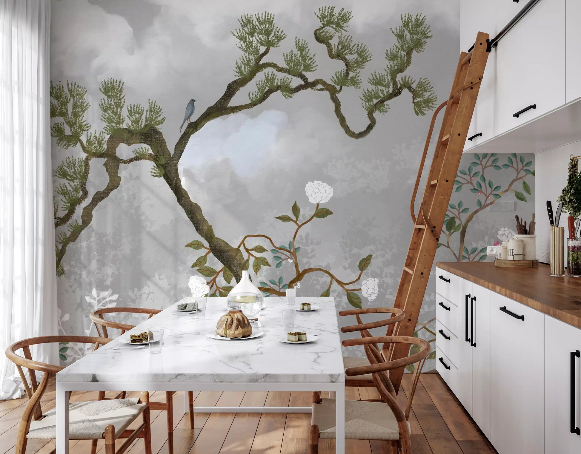 Bluebird perched on chinoiserie pine branch in Misty Garden wall mural, GD9719