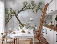 Bluebird perched on chinoiserie pine branch in Misty Garden wall mural, GD9719