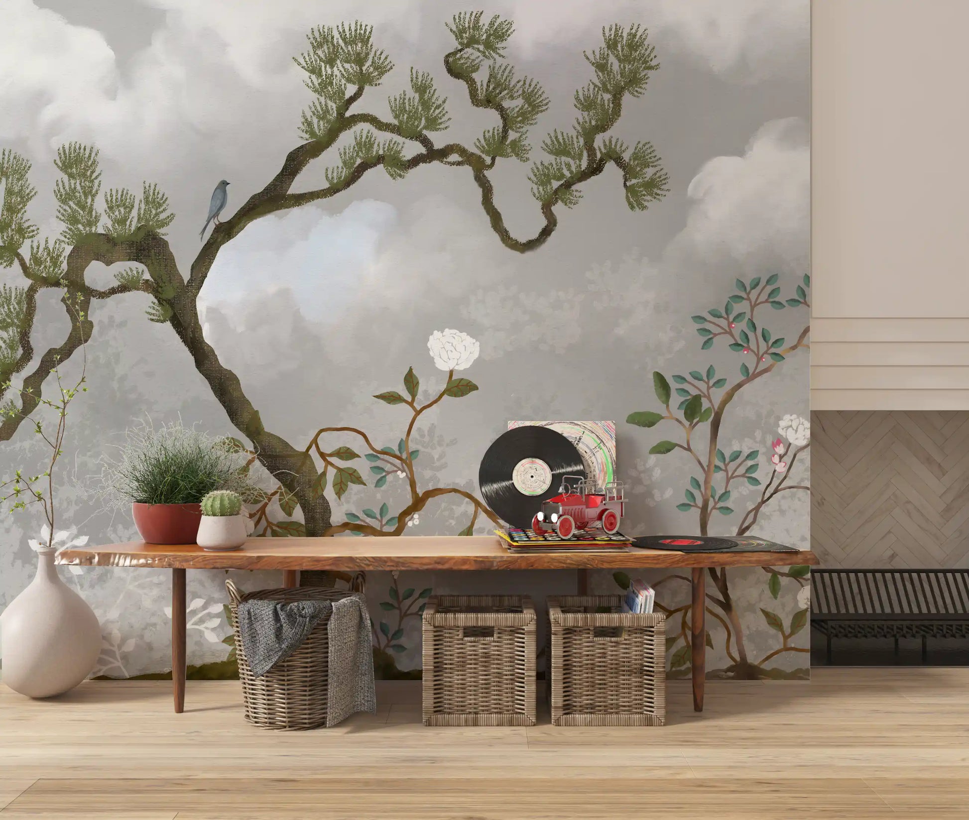 Misty Garden chinoiserie wall mural covering a hallway in white and gray, GD9719