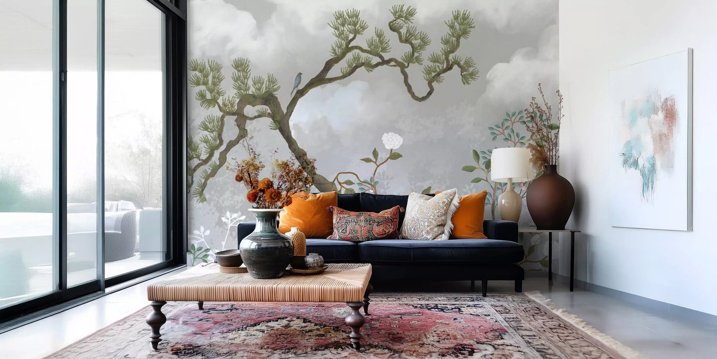 White florals climbing teal-leafed stems in chinoiserie pine wall mural, GD9719