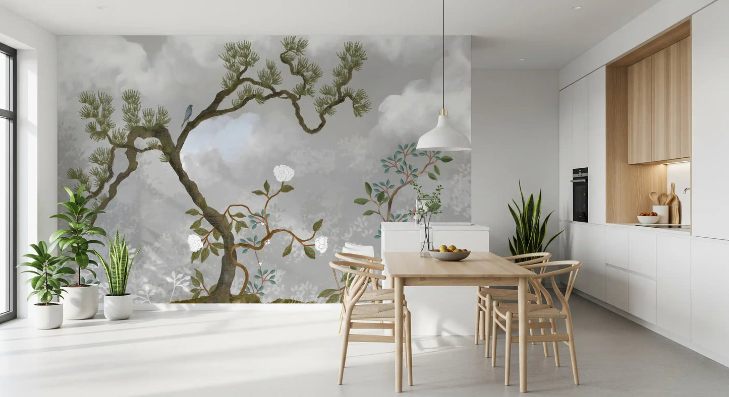 Full-width view of the Misty Garden Bloom chinoiserie wall mural in gray, GD9719