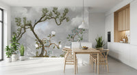 Full-width view of the Misty Garden Bloom chinoiserie wall mural in gray, GD9719