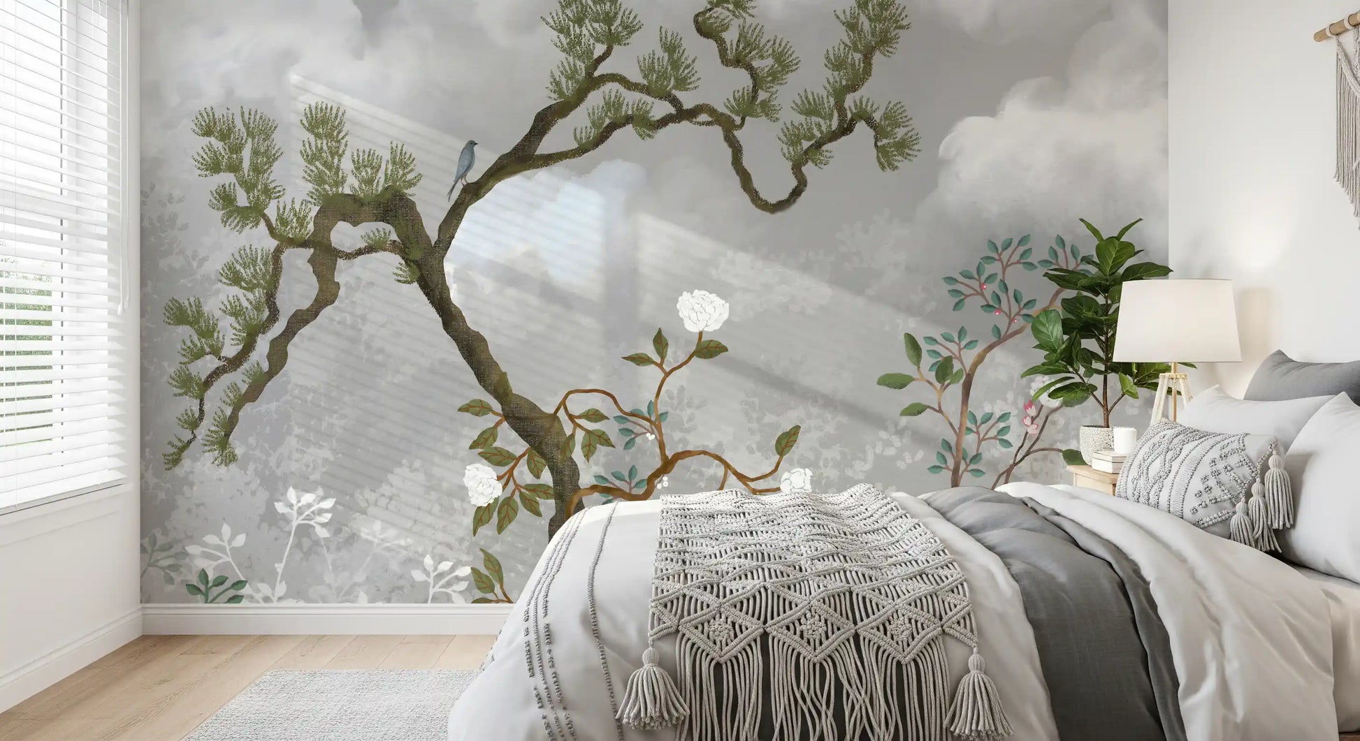 Chinoiserie pine wall mural across a Bedroom in cool gray and botanical green, GD9719