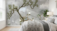 Chinoiserie pine wall mural across a Bedroom in cool gray and botanical green, GD9719