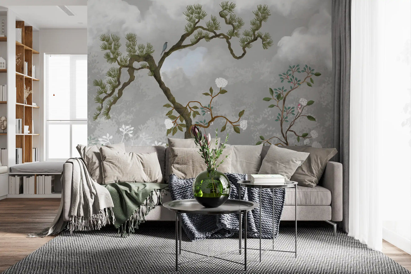 Pine tree and white floral wall mural filling a living room in pale gray