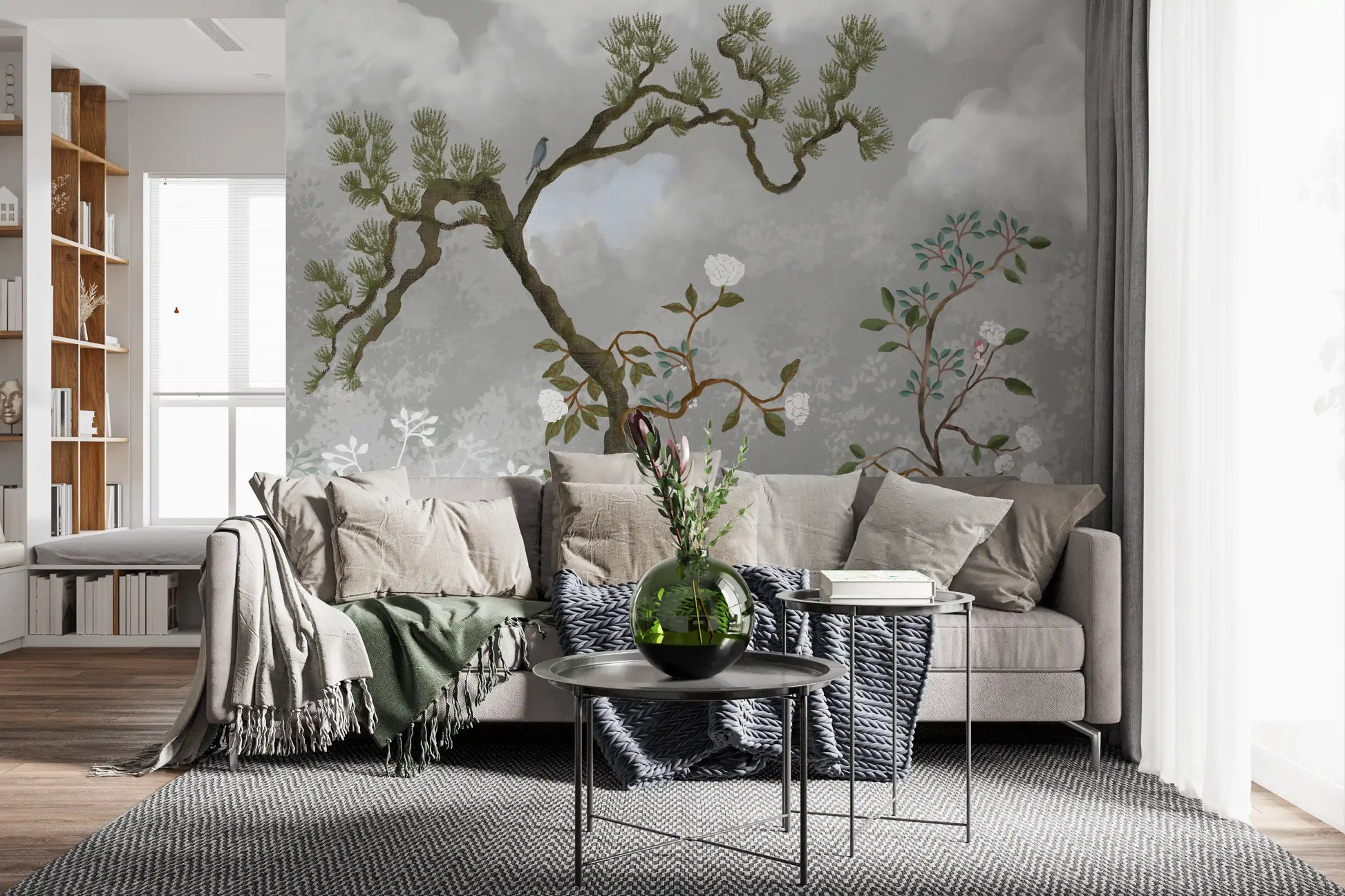 Pine tree and white floral wall mural filling a living room in pale gray, GD9719