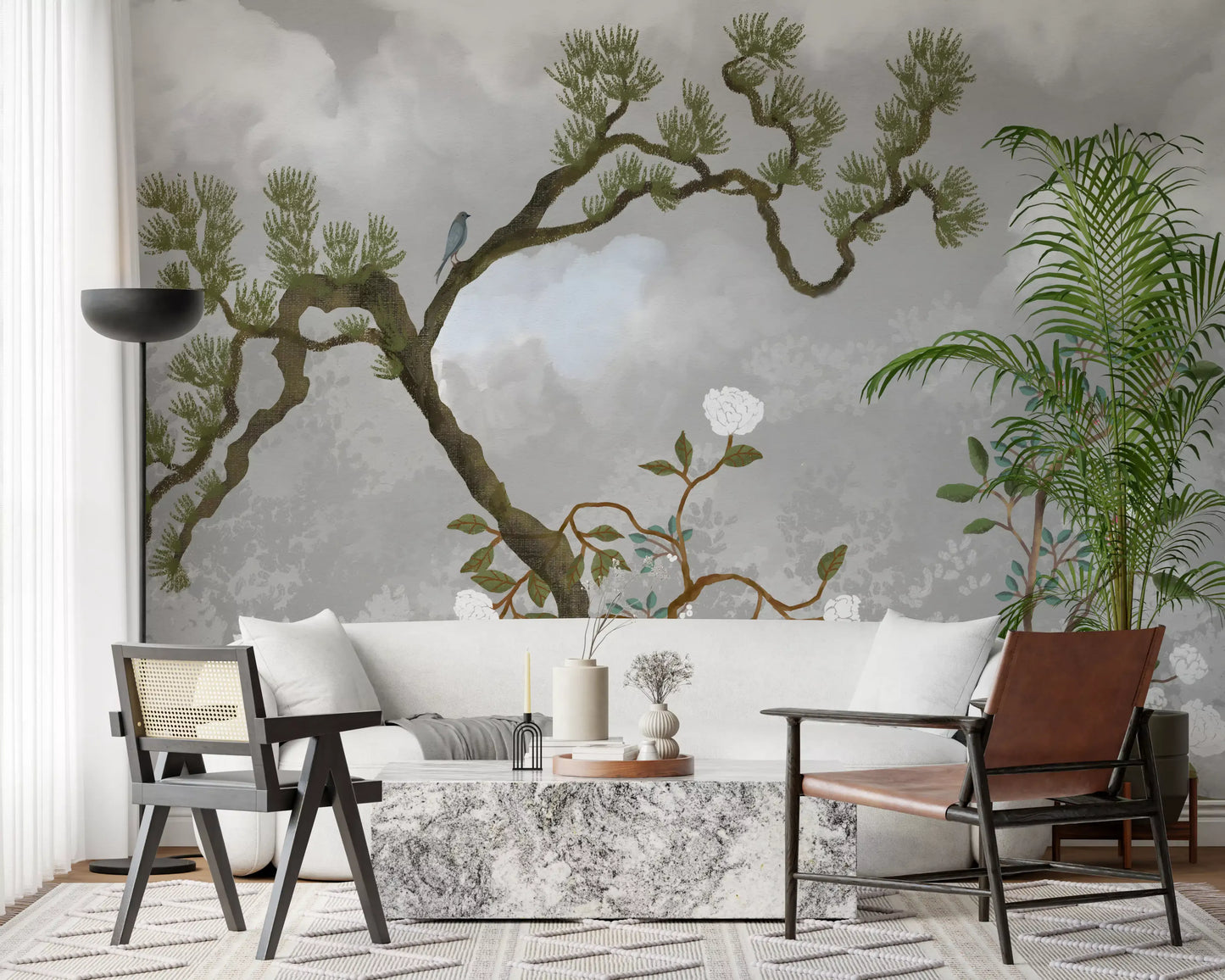 Lounge covered in Misty Garden Bloom pine and peony wall mural, GD9719