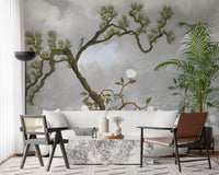 Lounge covered in Misty Garden Bloom pine and peony wall mural, GD9719