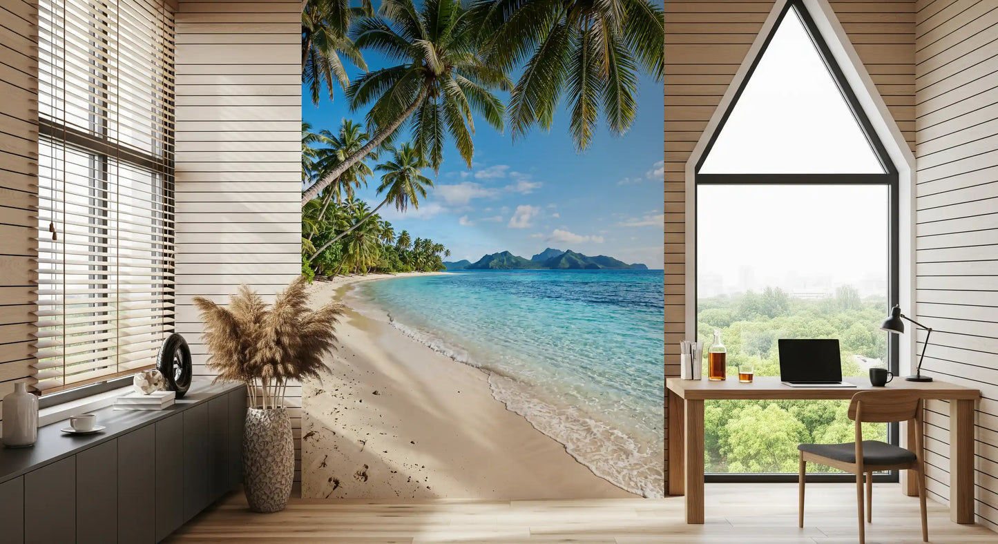Tropical beach wall mural on a Home office area bathed in natural light, GD9720