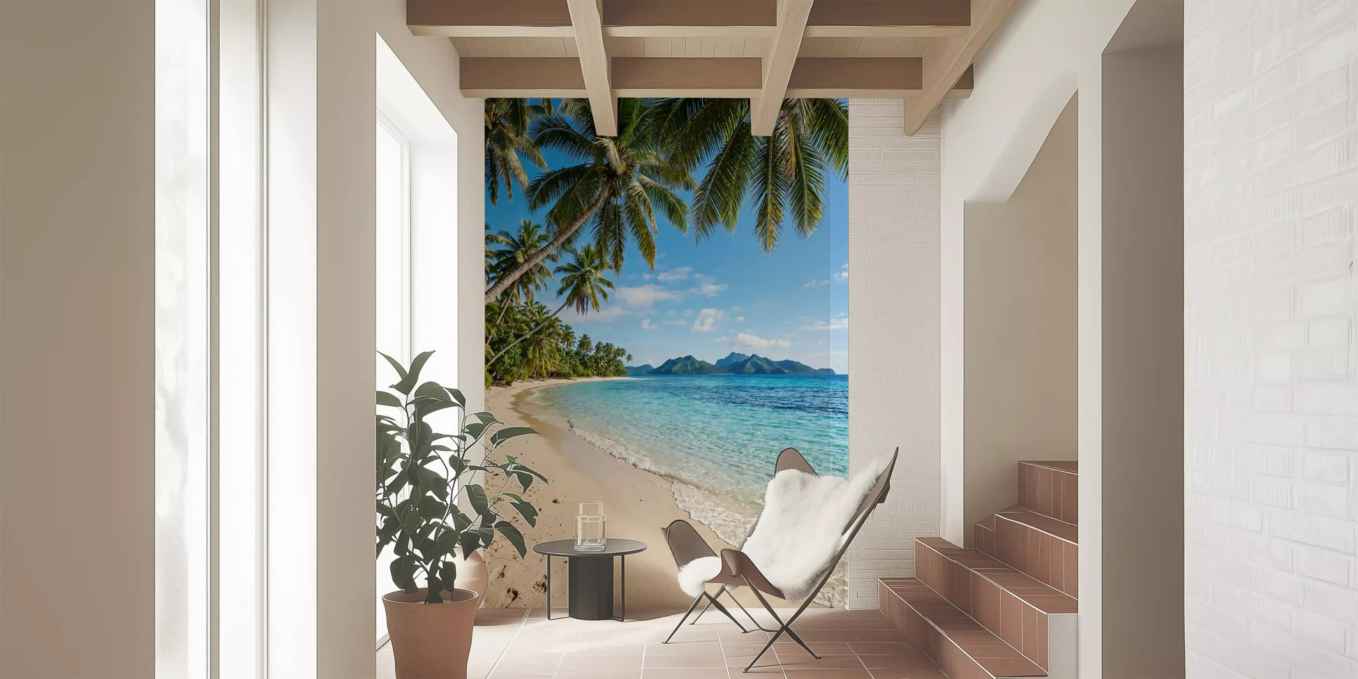 Wide view of beach serenity wall mural with distant island and clear blue sky, GD9720