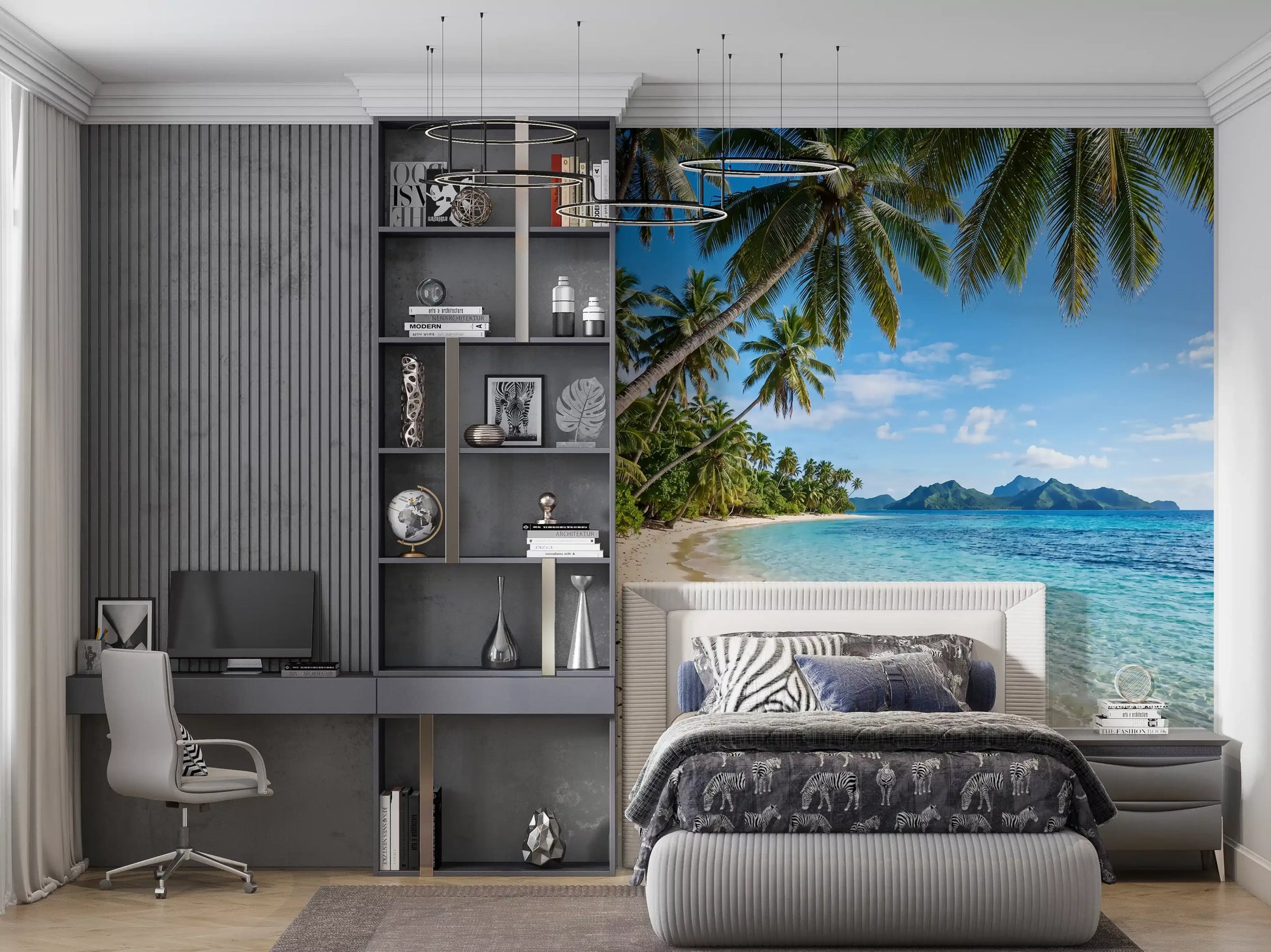 Tropical Beachside Serenity wall mural showing white sand and palm canopy overhead, GD9720