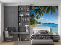 Tropical Beachside Serenity wall mural showing white sand and palm canopy overhead, GD9720