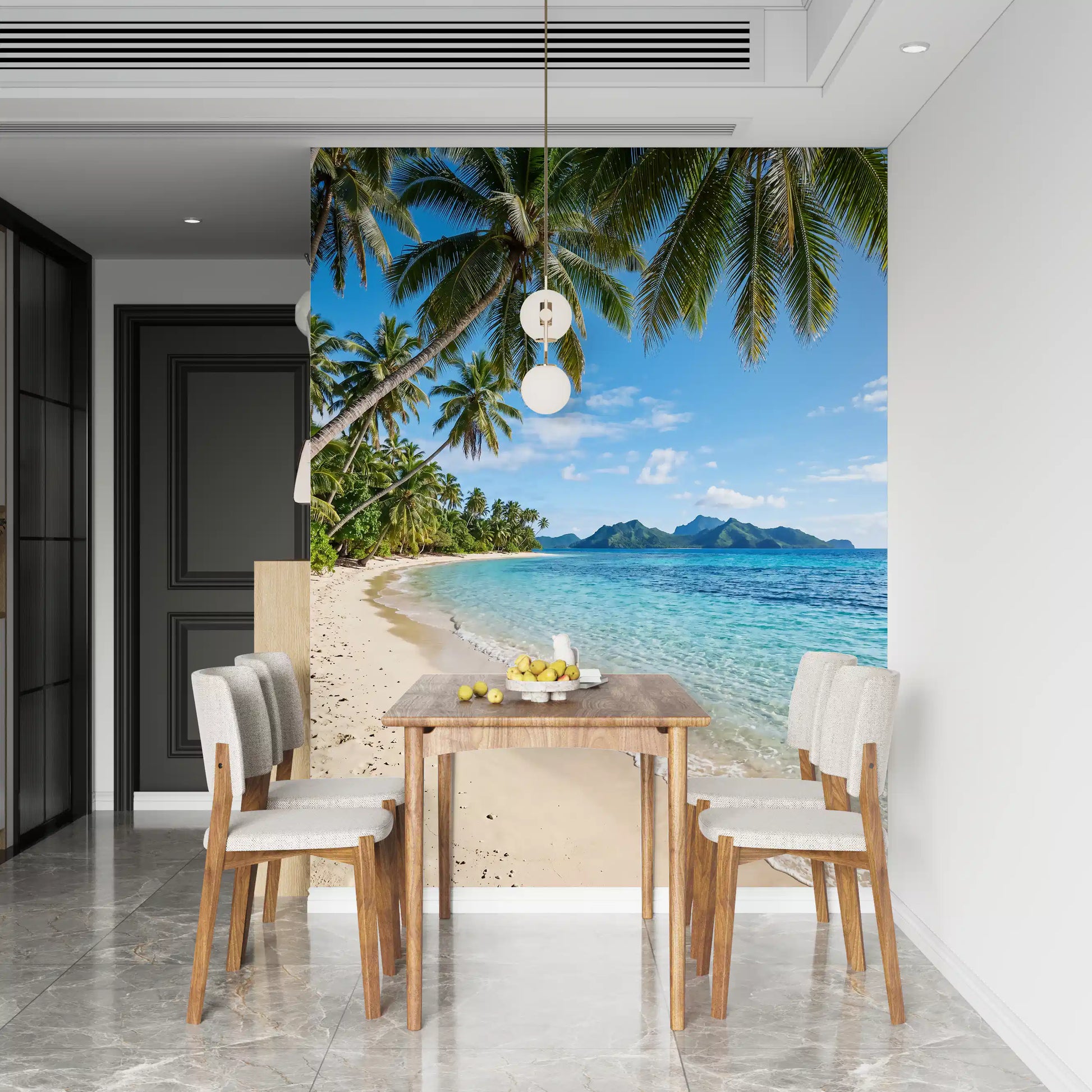 Palm fronds arching over white sand in the Tropical Beachside Serenity wall mural, GD9720
