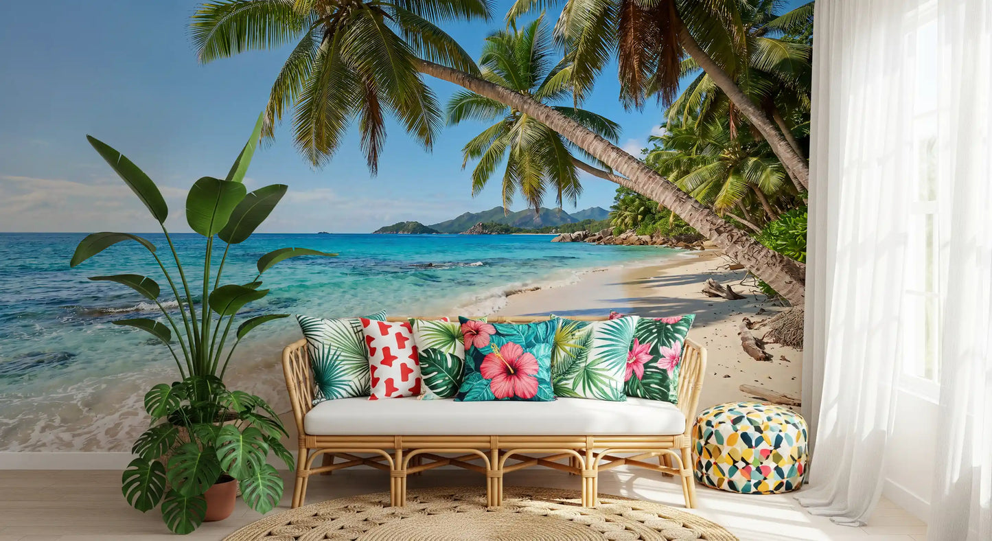 Wide-angle shoreline perspective of the coastal paradise wall mural