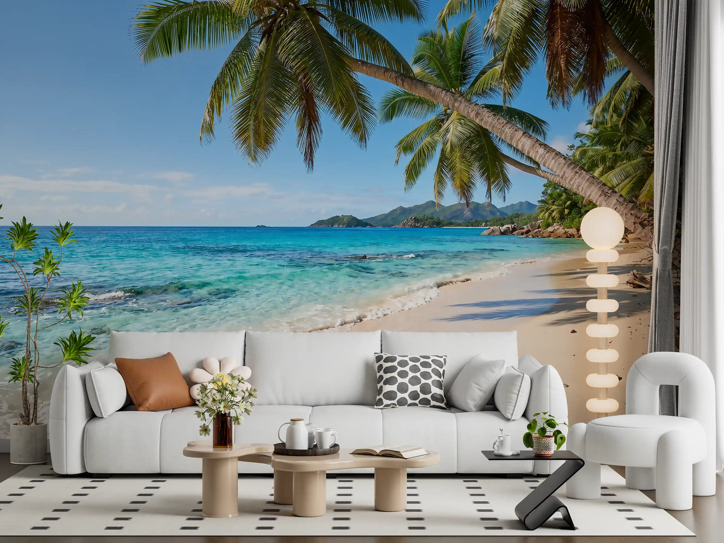 Beach paradise wall mural covering the full length of a bright Lounge area 