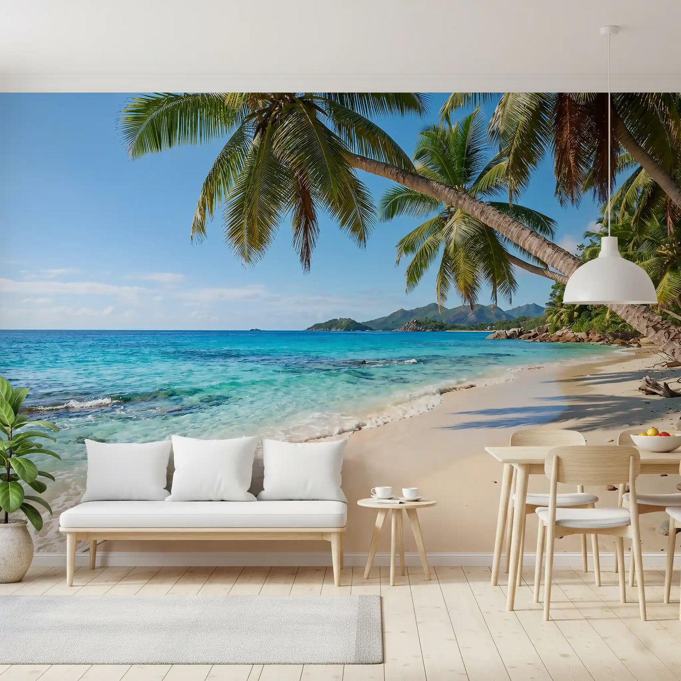 Tropical Beach Paradise wall mural brightening a wide Dining room feature
