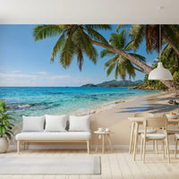 Tropical Beach Paradise wall mural brightening a wide Dining room feature