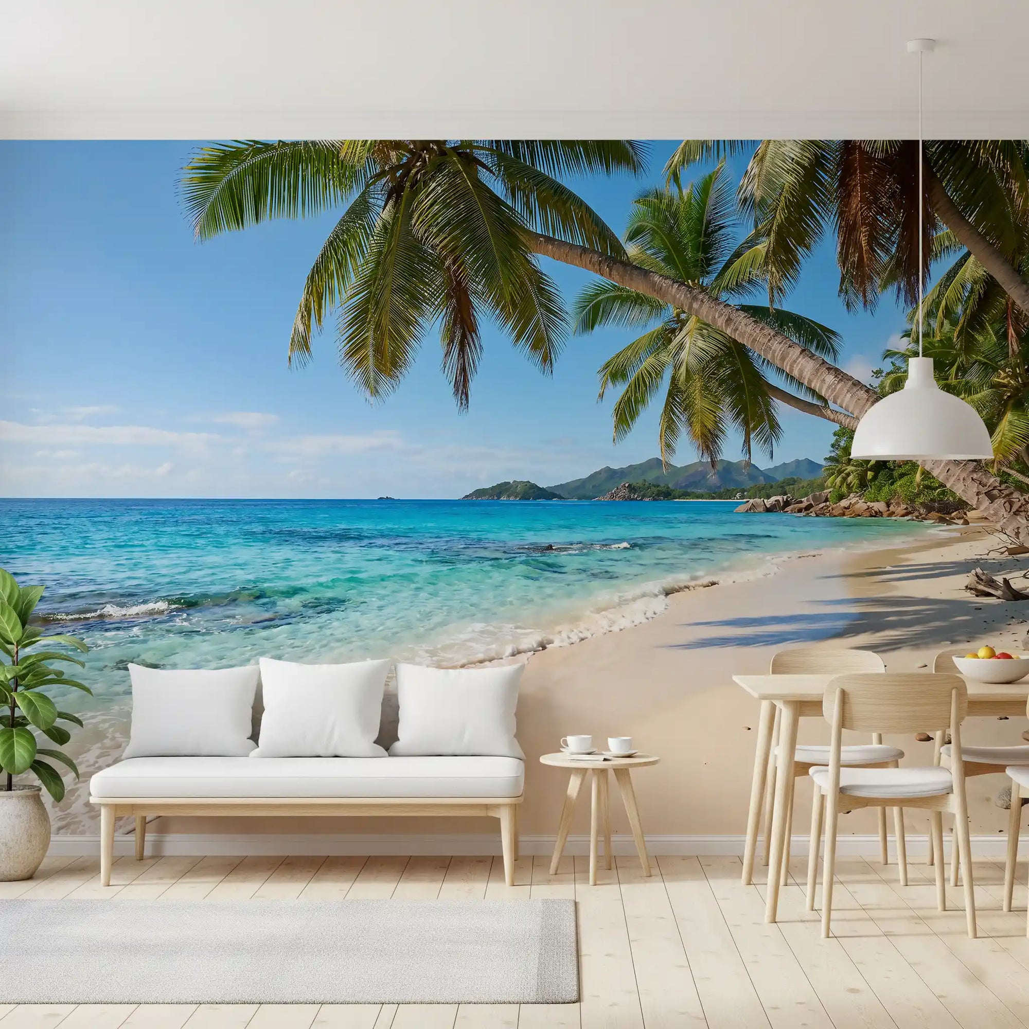 Tropical Beach Paradise wall mural brightening a wide Dining room feature, GD9721