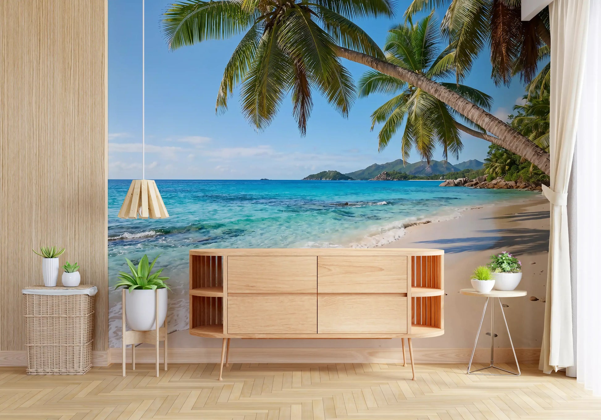Turquoise ocean and palms wall mural set along an open lounge