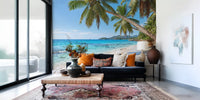 Leaning palm trunks framing the ocean view in this tropical beach wall mural