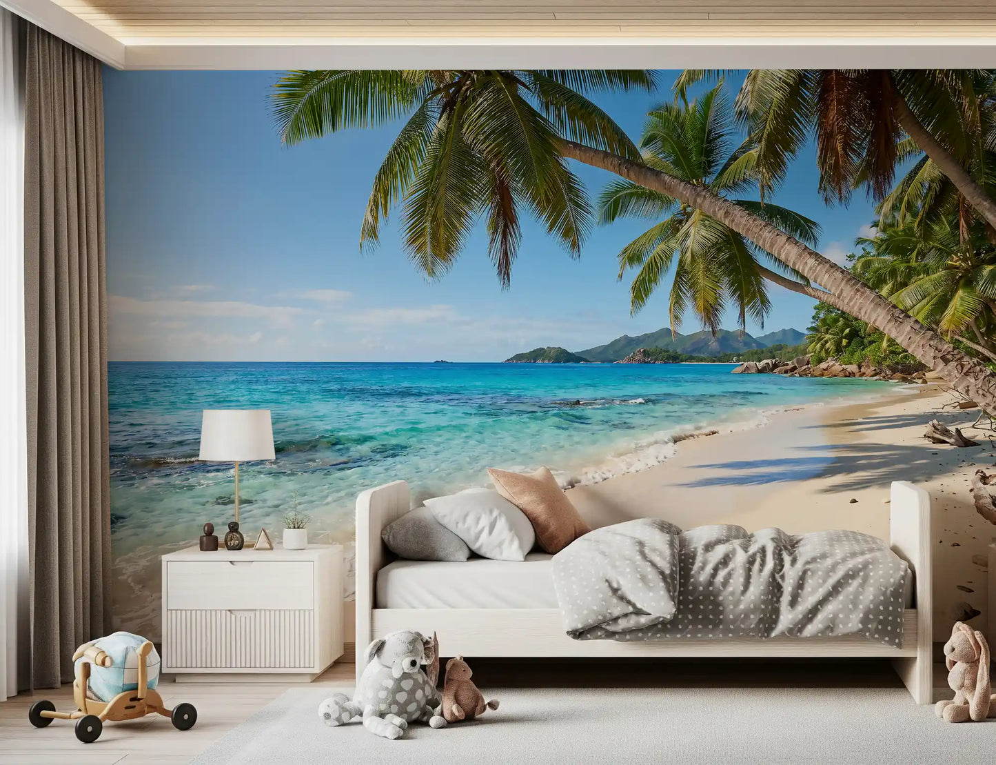 Green mountain backdrop and blue sky detail in the beach paradise wall mural
