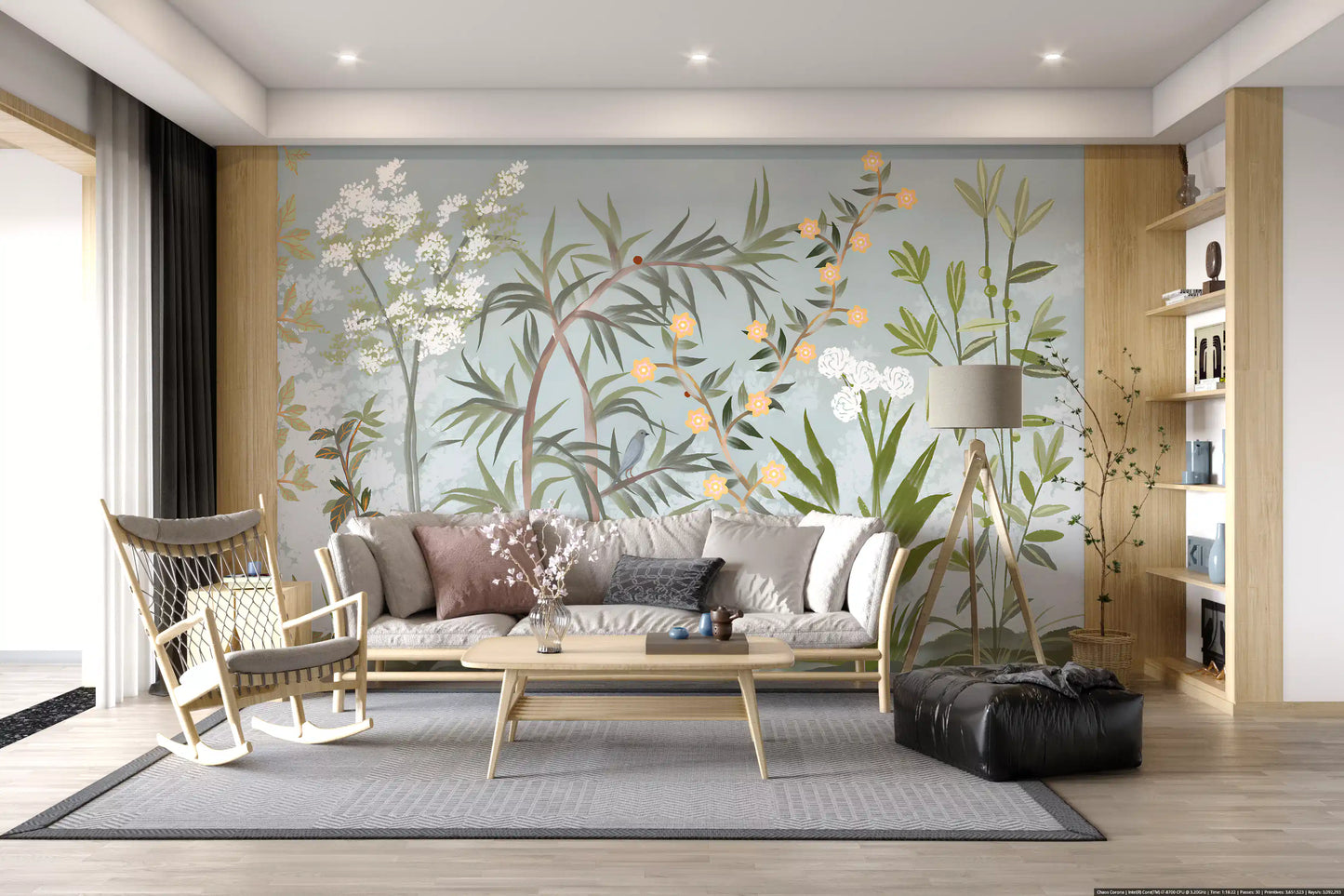 Vintage oriental botanical wall mural viewed in a bright hallway, GD9722