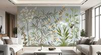 Sage and ivory botanicals in the chinoiserie wall mural on a living room feature, GD9722