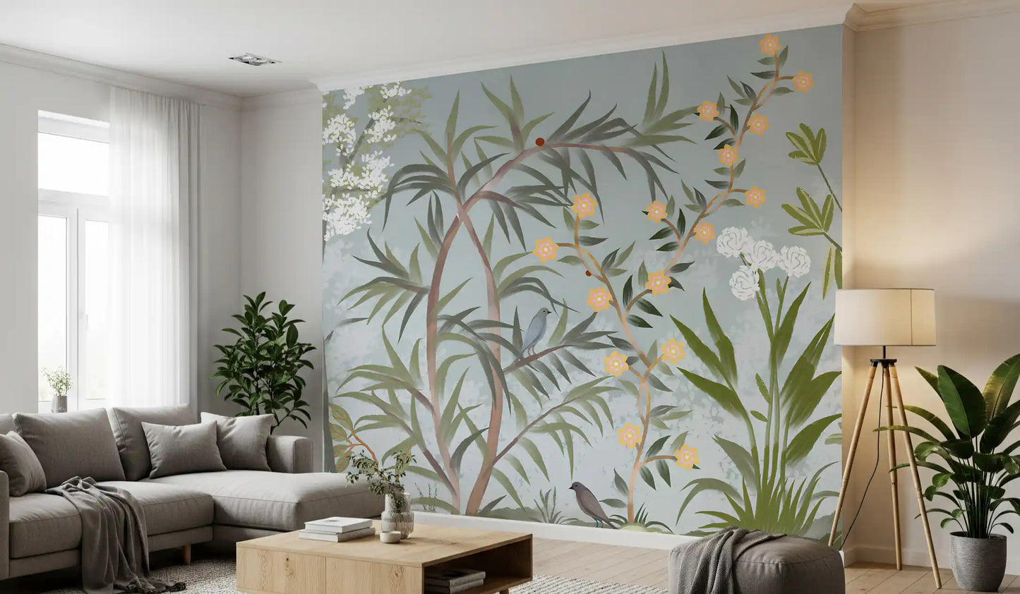 Full landscape view of the Chinoiserie Botanical Birds Bamboo wall mural, GD9722