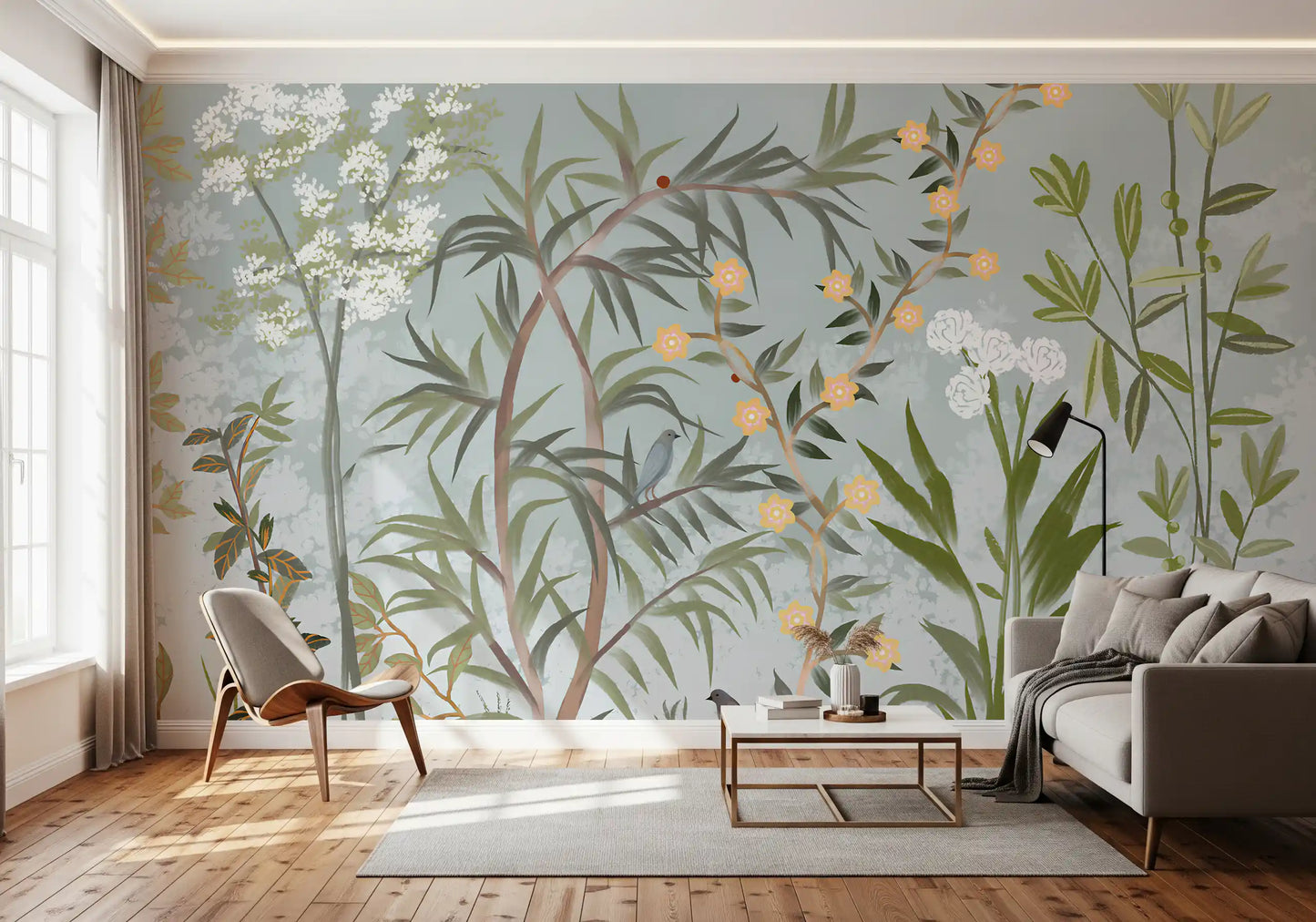 Chinoiserie Botanical wall mural bringing a serene garden scene to the living room, GD9722