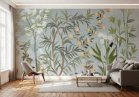 Chinoiserie Botanical wall mural bringing a serene garden scene to the living room, GD9722