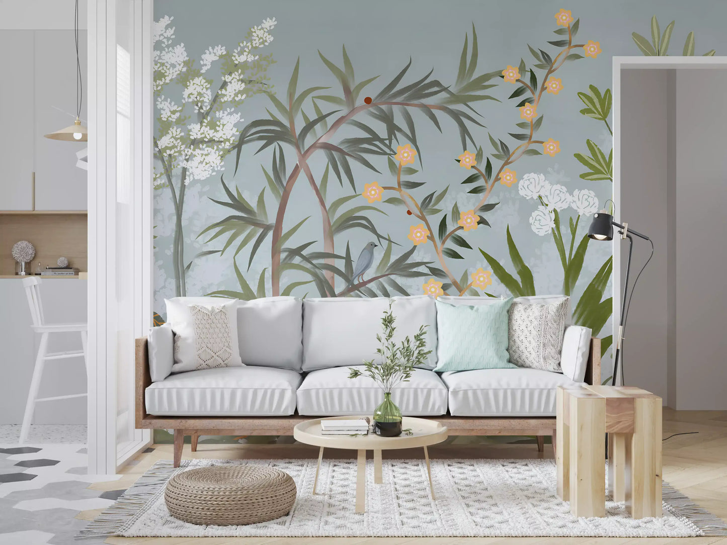 Birds and bamboo in the Oriental Garden wall mural along a living room, GD9722